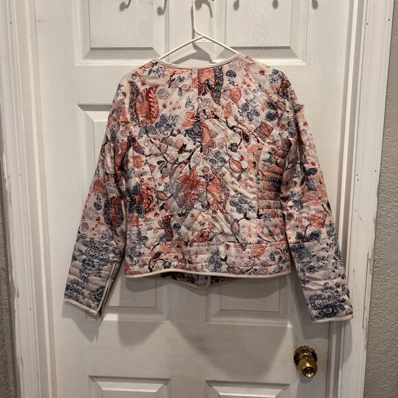 LOFT Floral Print Quilted Moto Jacket sz 8 Long Sleeve Patchwork Lyocell Cottage - Picture 9 of 10